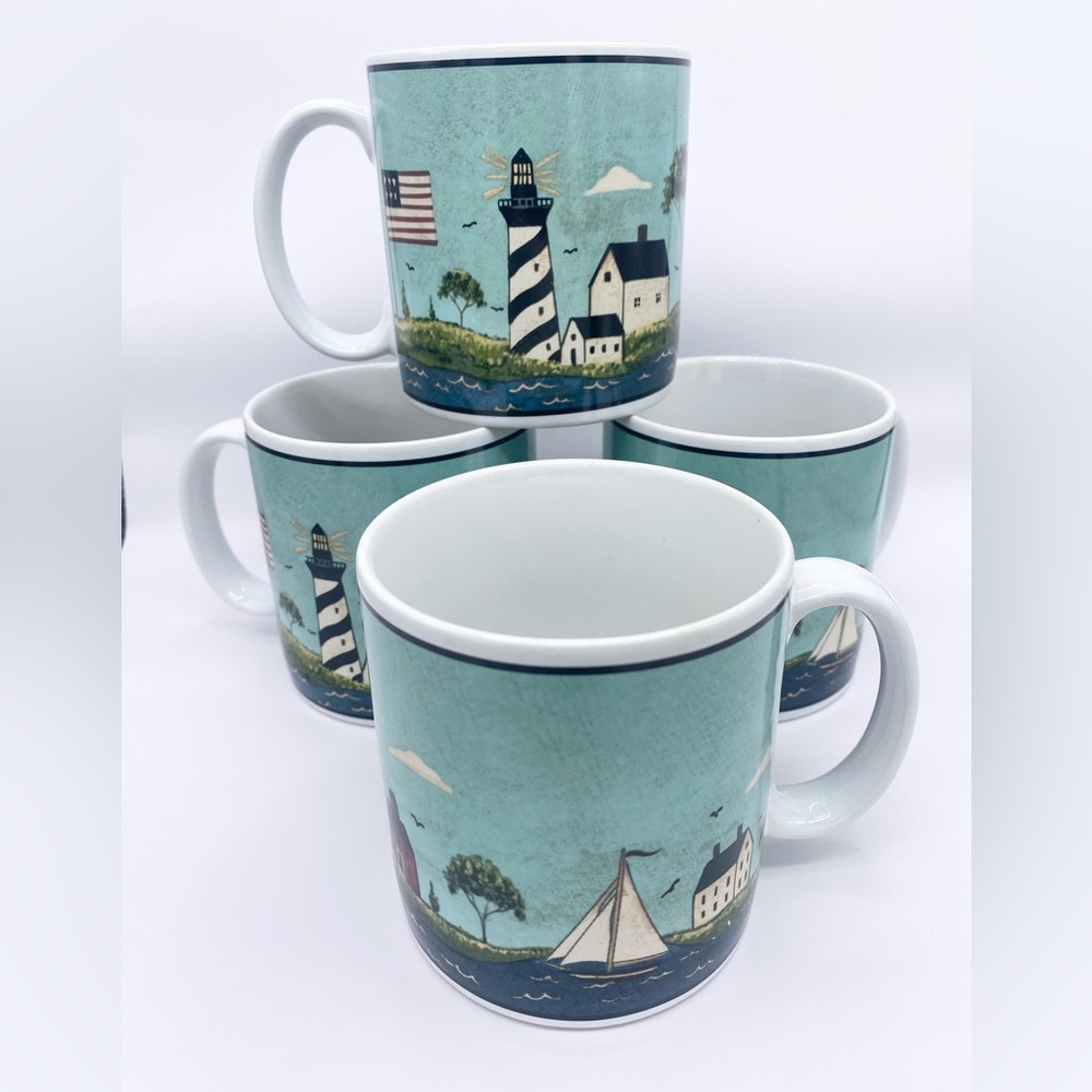 Warren Kimble Coastal Breeze Mug Set 4 Folk Art Americana Cup 1998 Sakura NY